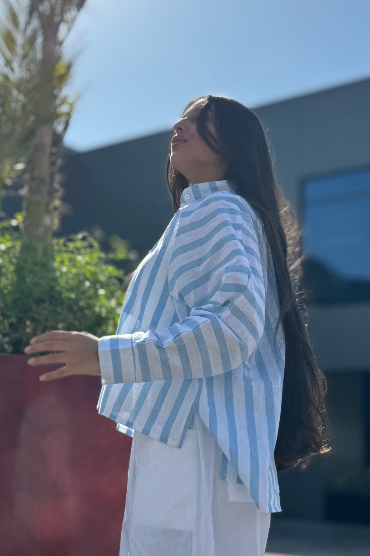 Linen Women Shirt Striped Blue