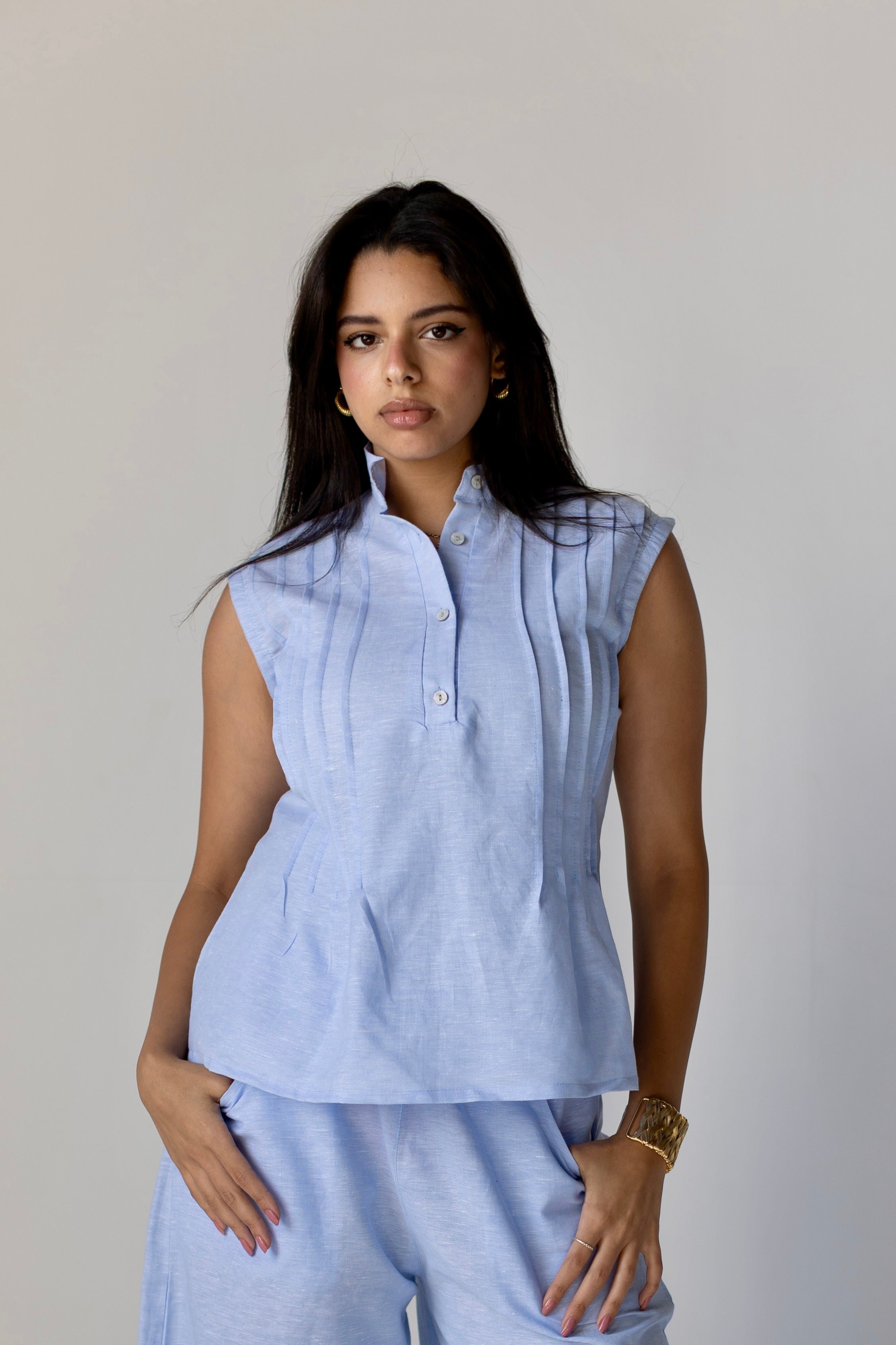 Pleated Linen Top Blue