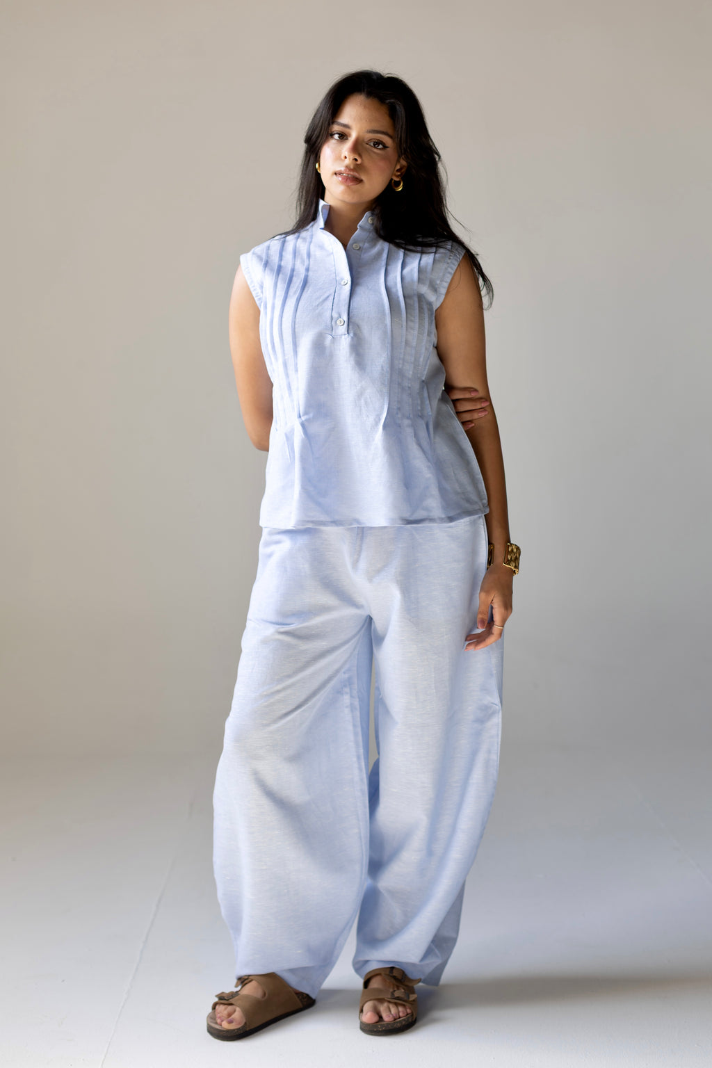 Pleated Linen Top Blue