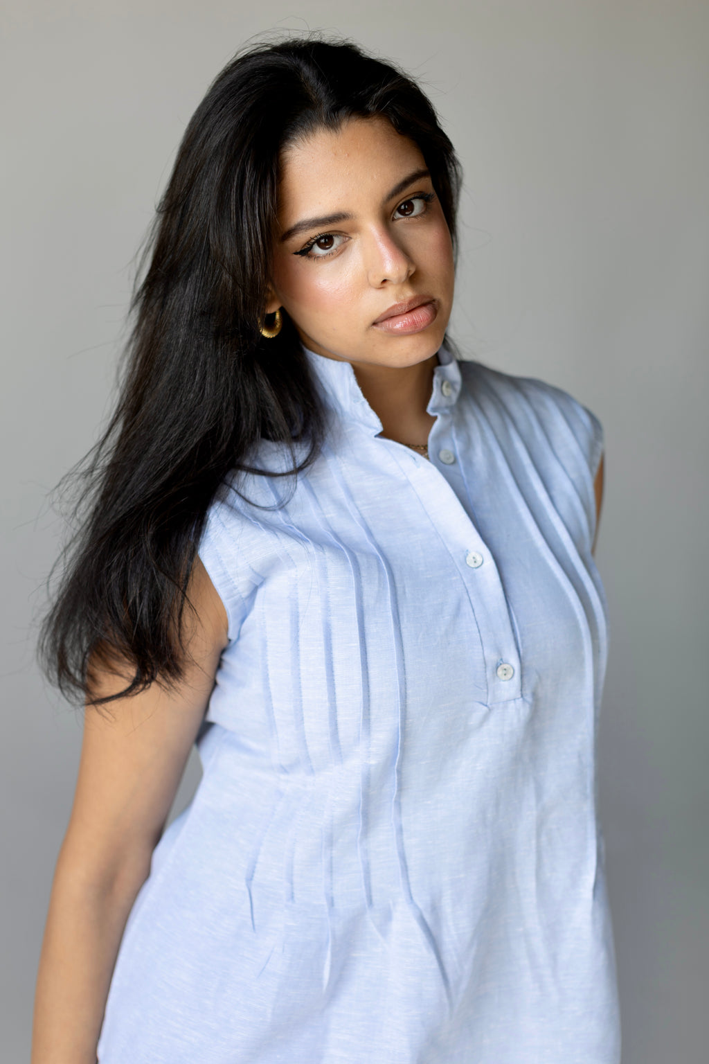 Pleated Linen Top Blue