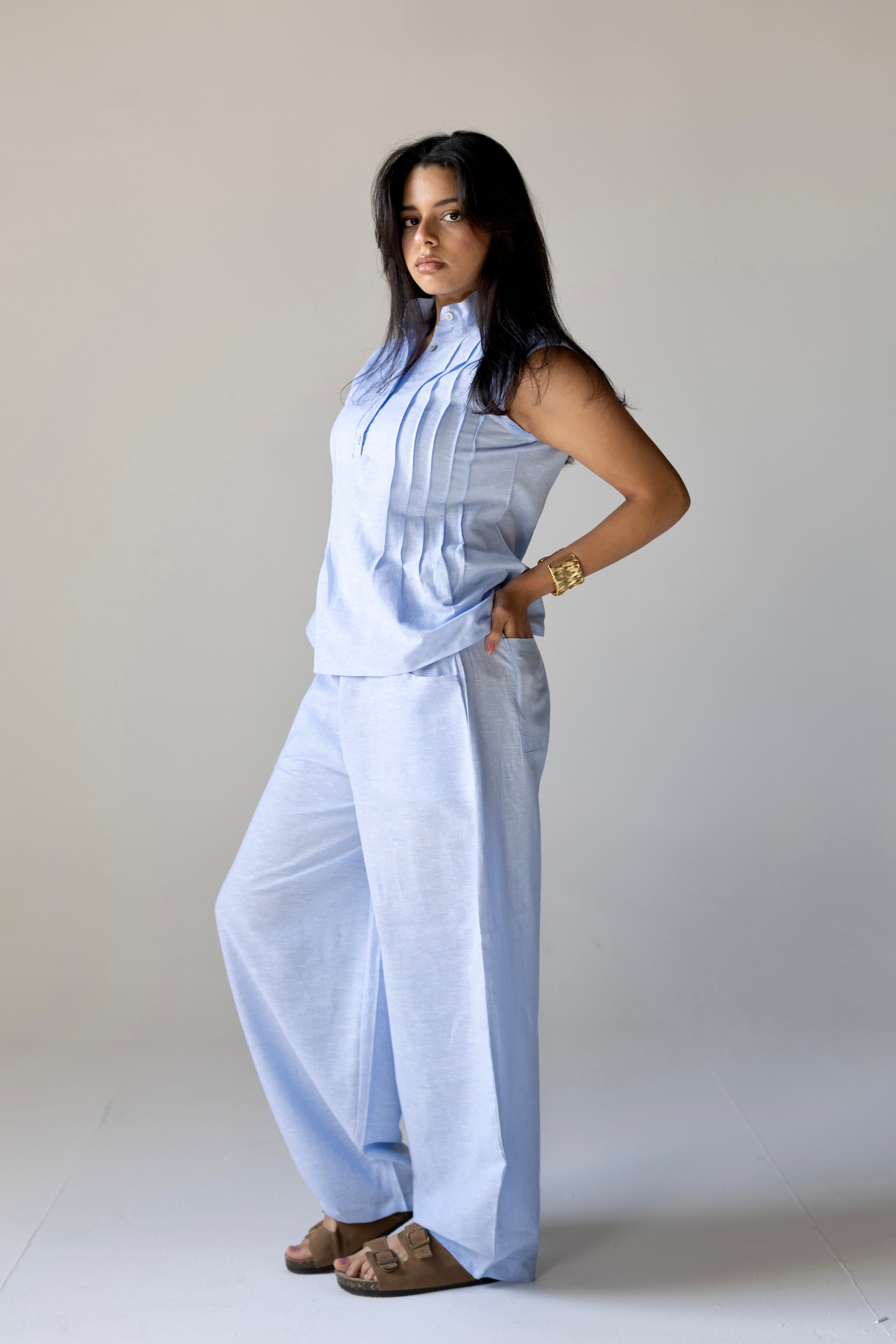 Pleated Linen Top Blue
