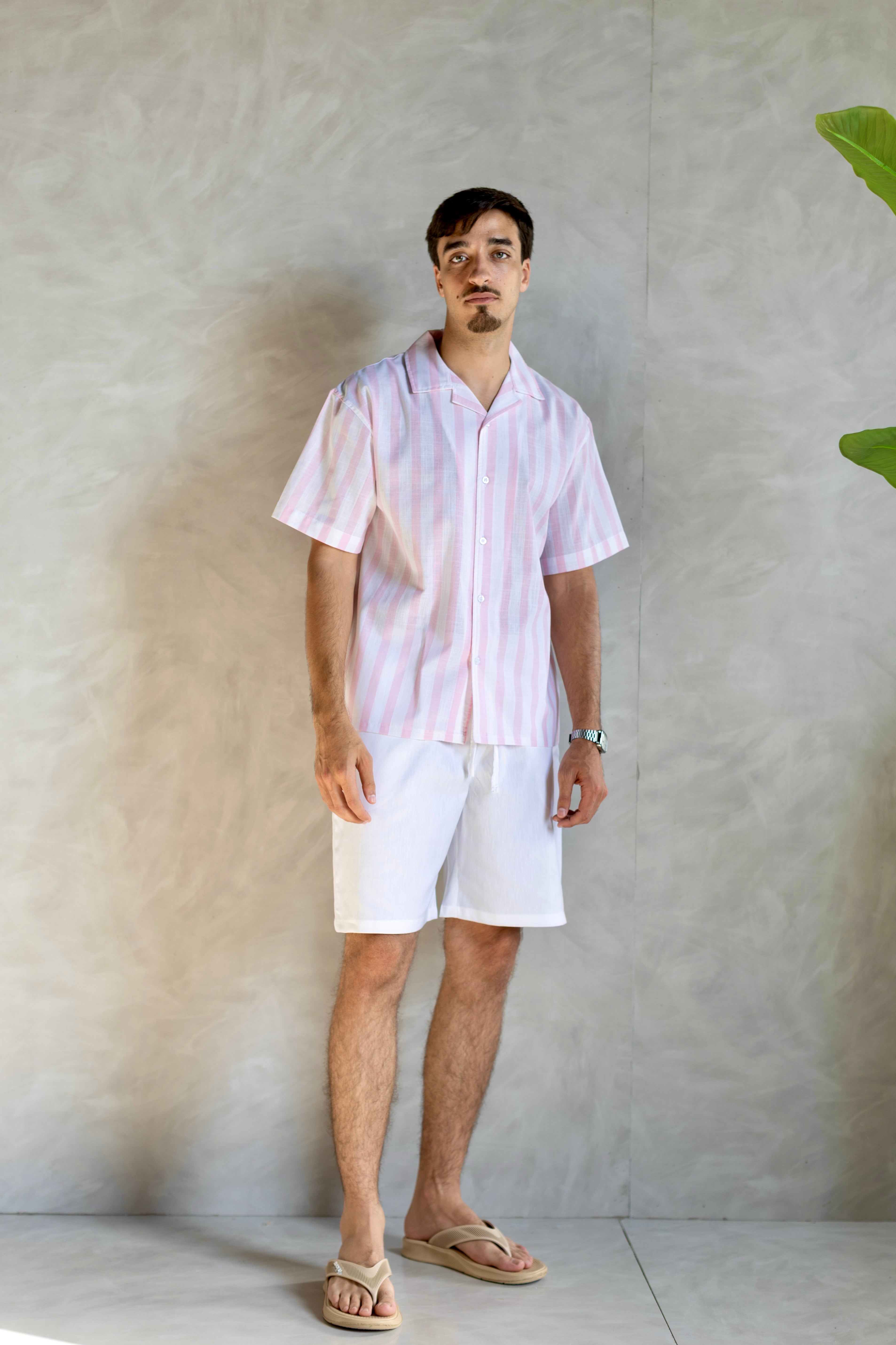 Linen Box Fit Striped Pink Shirt