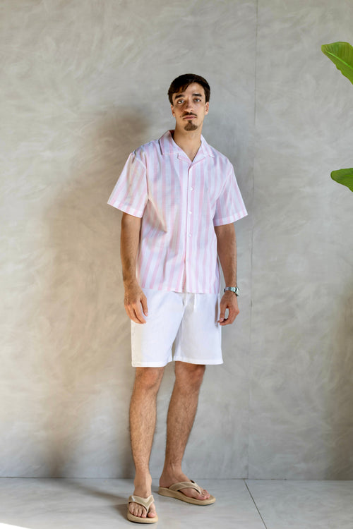 Linen Box Fit Striped Pink Shirt