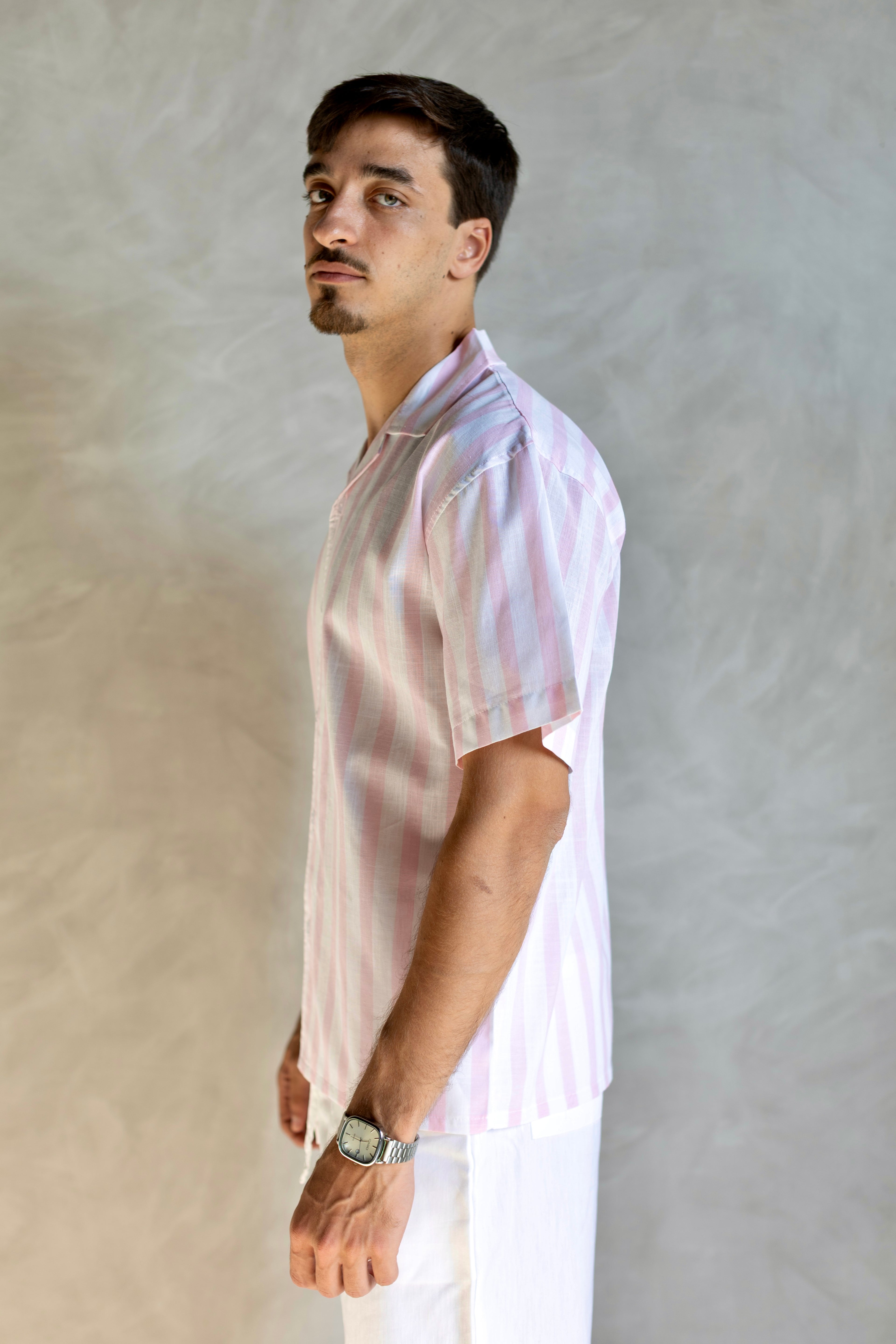 Linen Box Fit Striped Pink Shirt