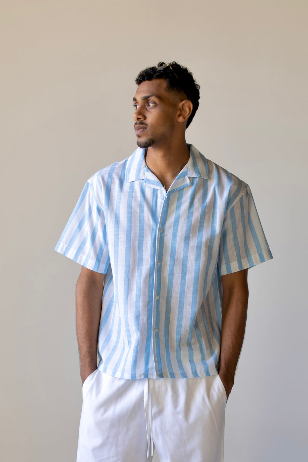 Linen Box Fit Striped Blue Shirt