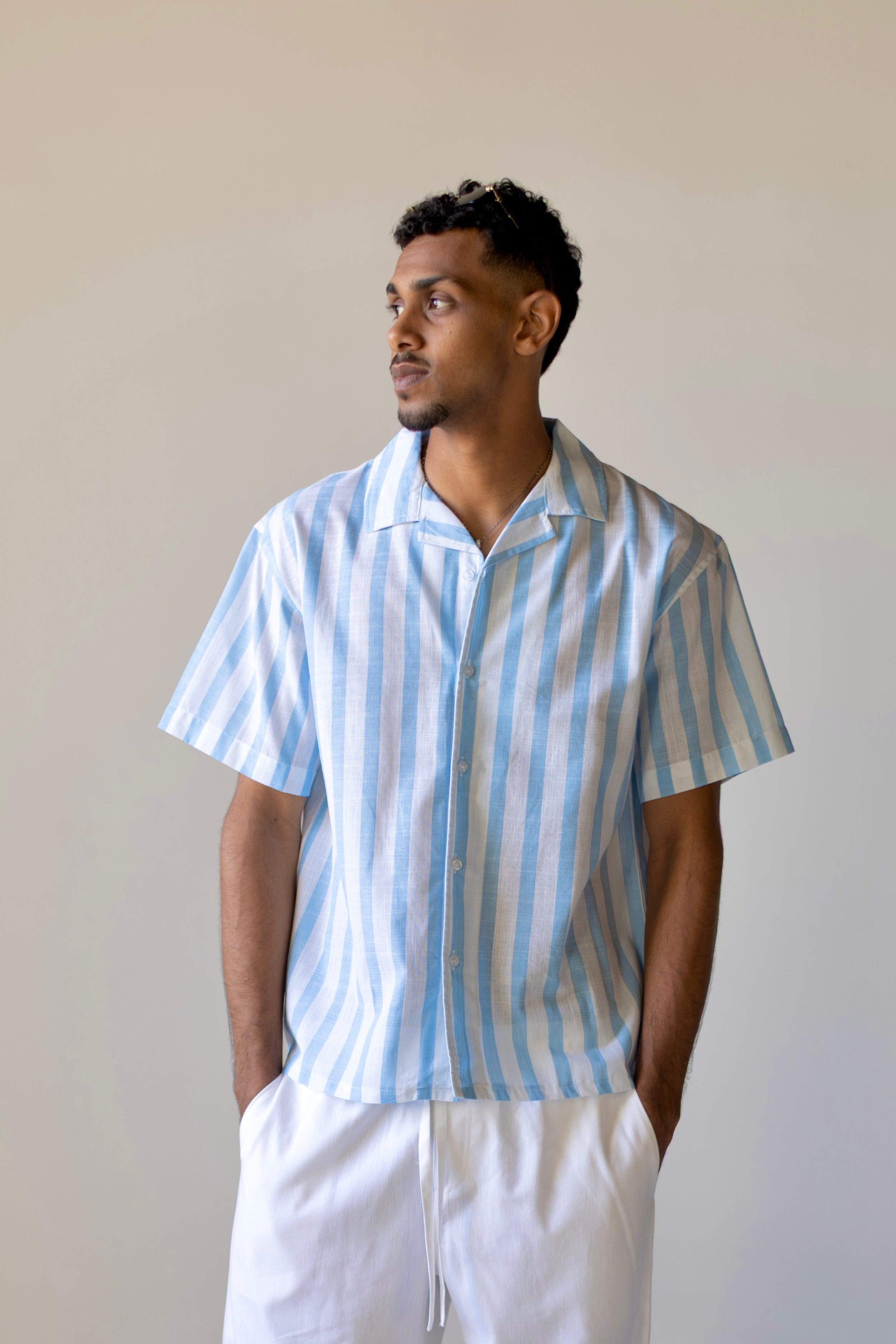 Linen Box Fit Striped Blue Shirt