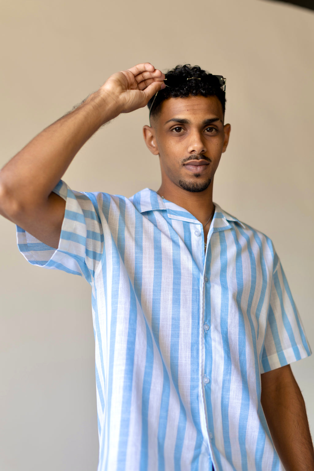 Linen Box Fit Striped Blue Shirt