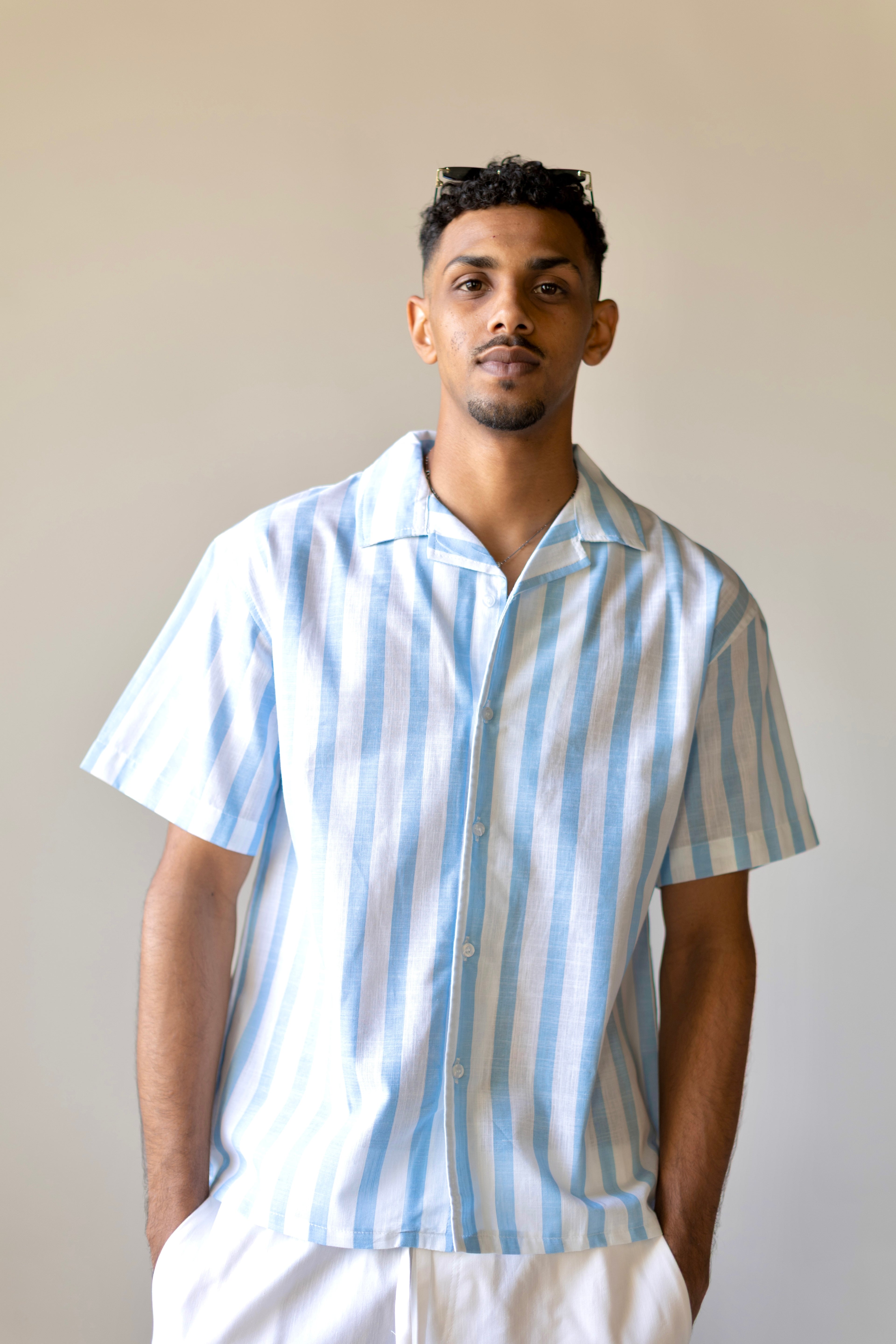 Linen Box Fit Striped Blue Shirt