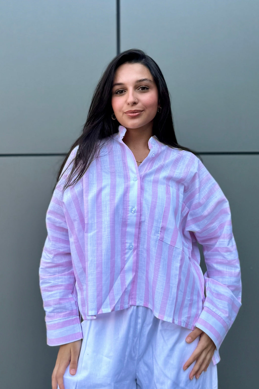 Linen Women Shirt Striped Pink
