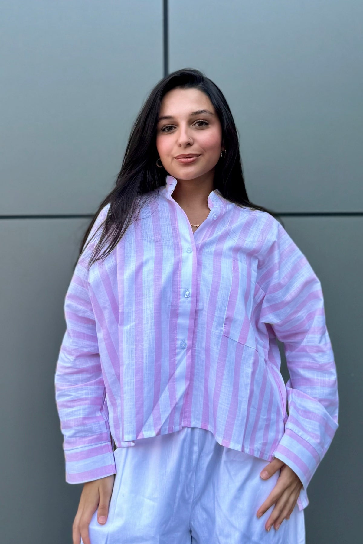 Linen Women Shirt Striped Pink