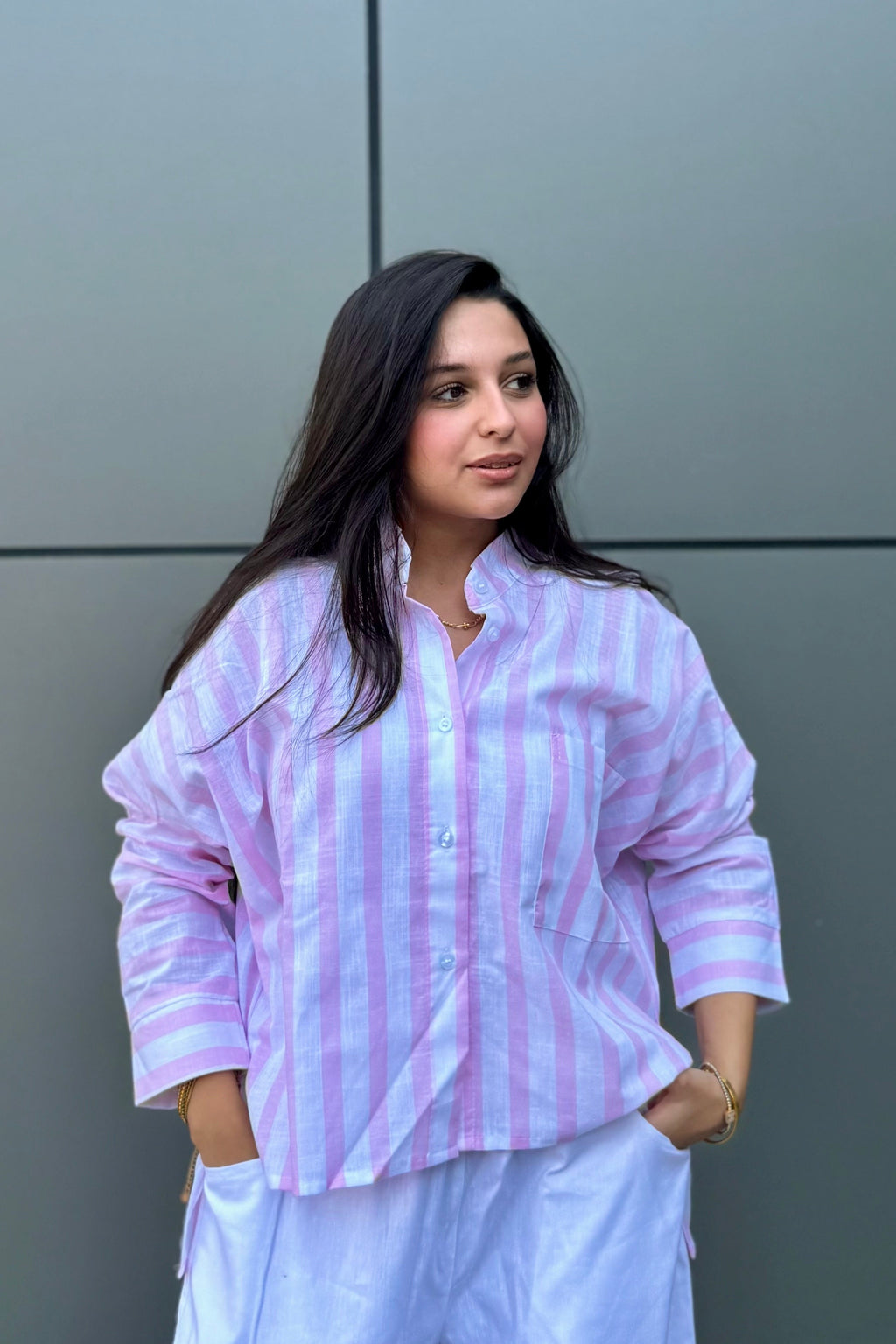 Linen Women Shirt Striped Pink
