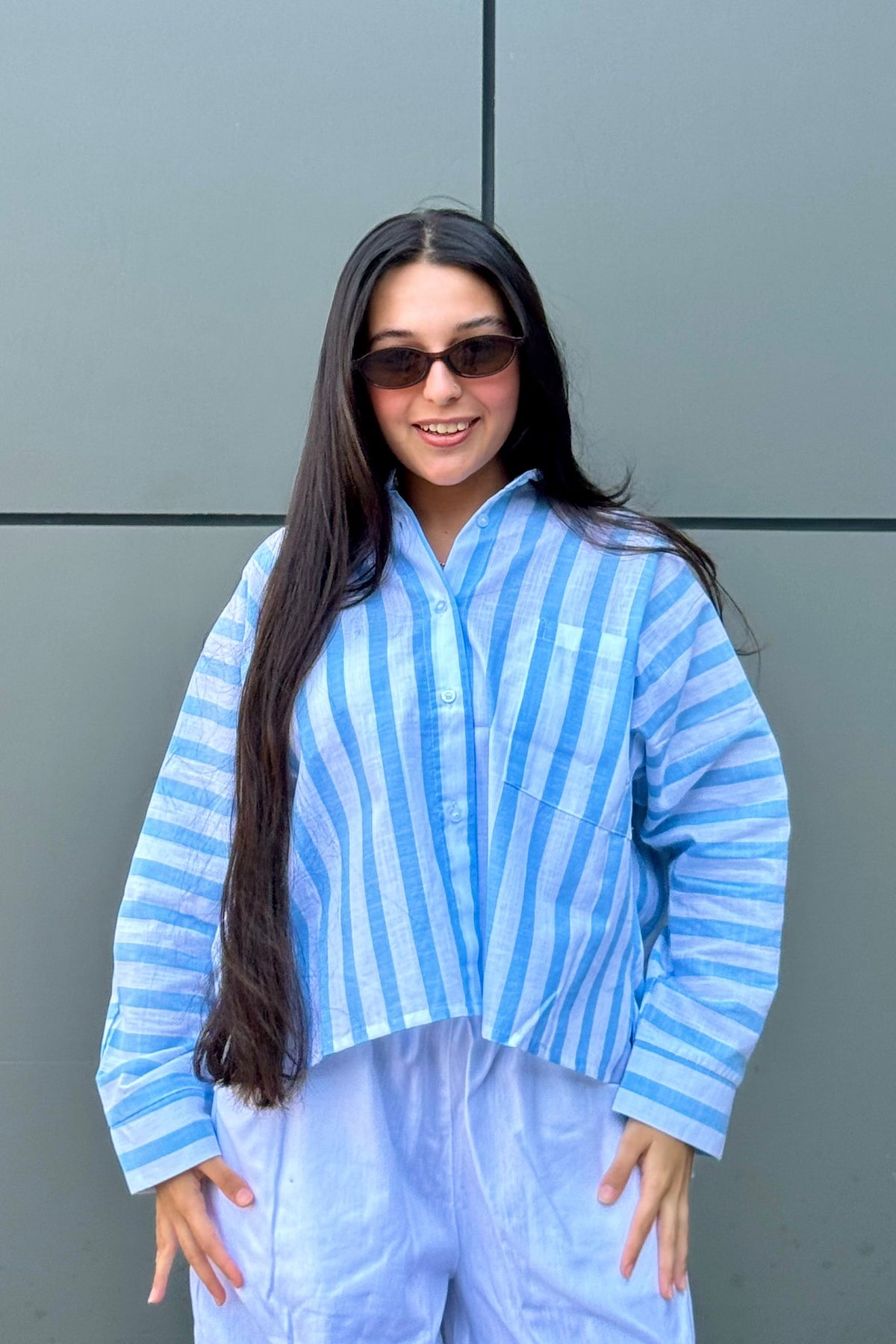 Linen Women Shirt Striped Blue