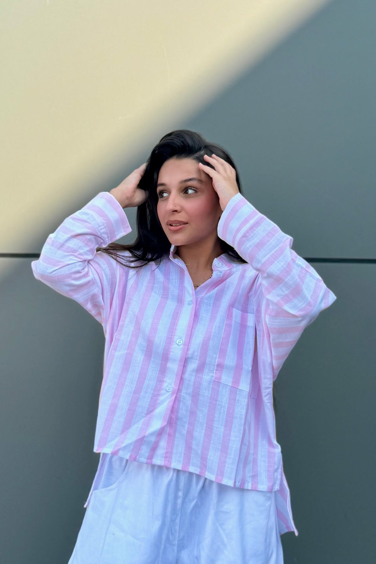 Linen Women Shirt Striped Pink