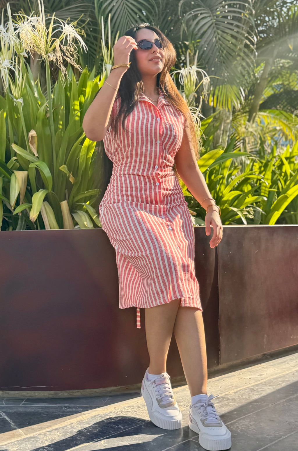 Linen Dress Striped Red