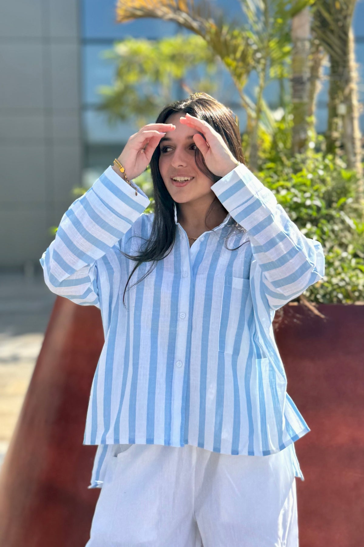 Linen Women Shirt Striped Blue