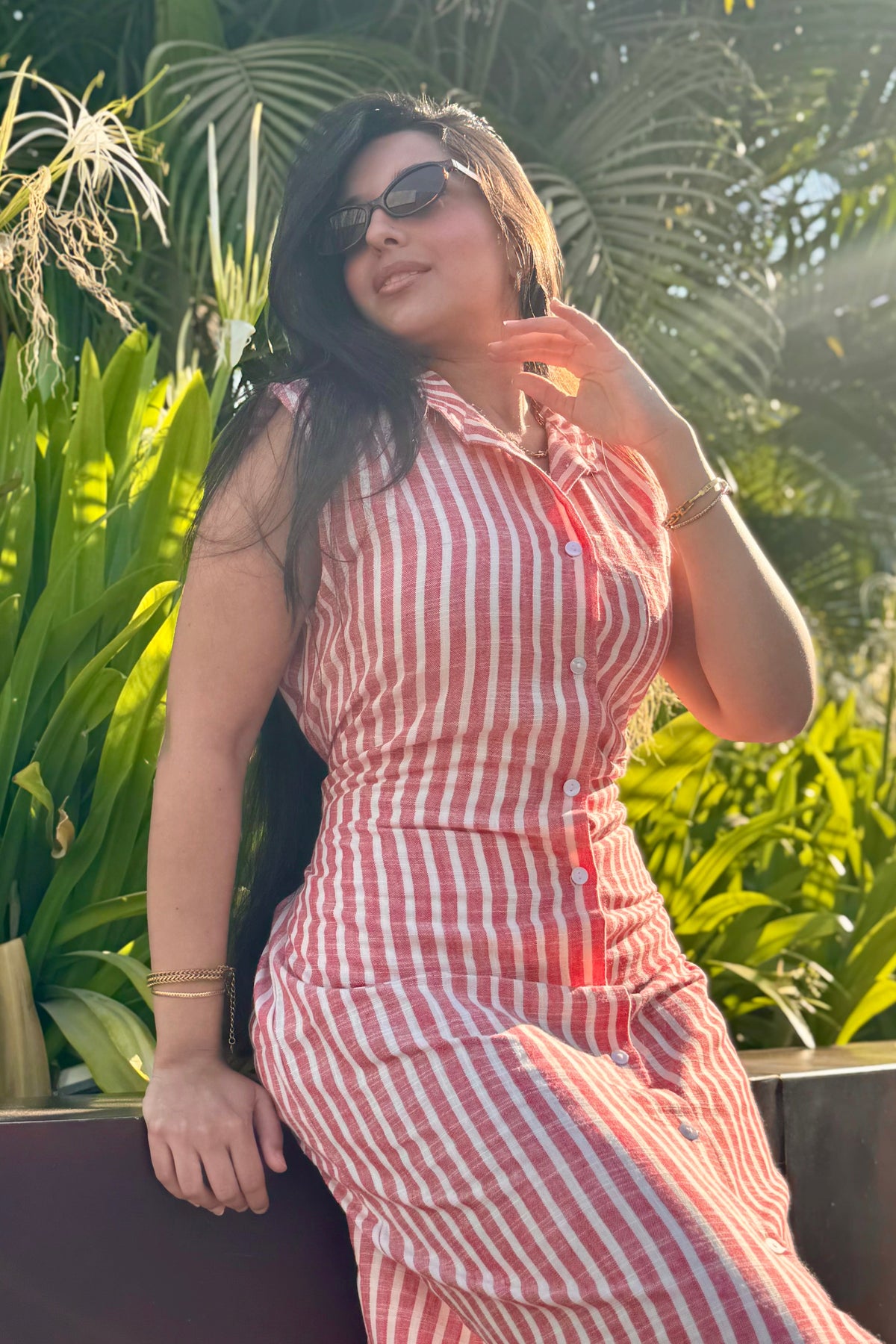 Linen Dress Striped Red