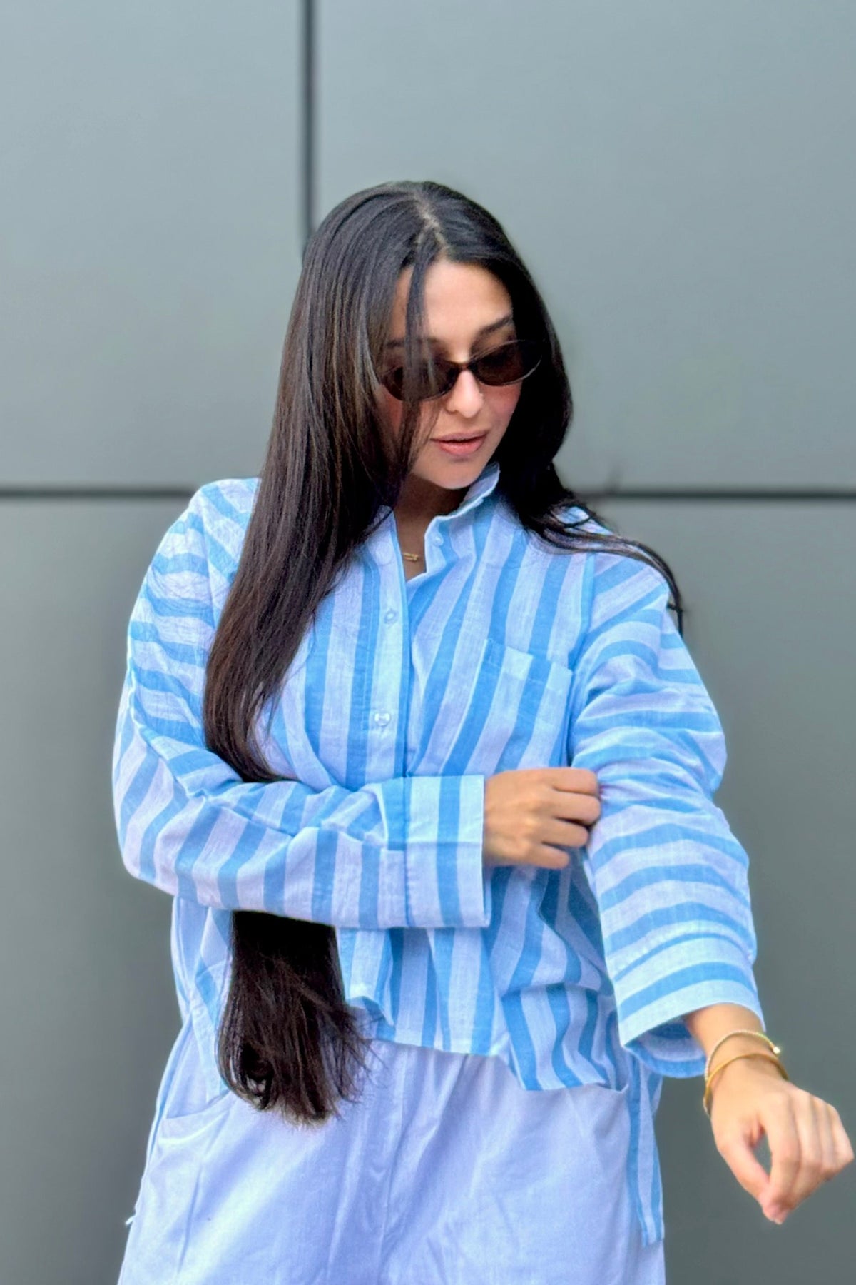 Linen Women Shirt Striped Blue